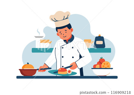 Chef preparing a dish in the kitchen with fresh ingredients and utensils 116909218