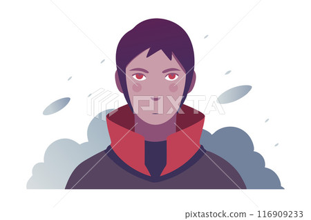 Digital illustration of a serious young man with a red collar against an abstract background 116909233
