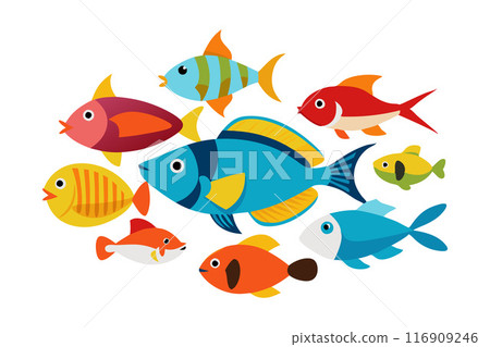 Colorful cartoon fish collection, vibrant aquatic illustration for kids and educational purposes 116909246