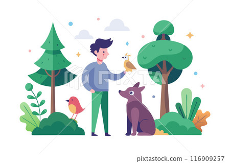 Illustration of a man with his dog and birds in a peaceful forest setting 116909257