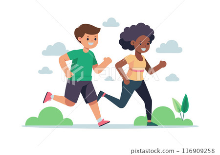 Illustration of happy kids running outdoors for fitness and fun Illustration of happy kids running outdoors for fitness and fun 116909258