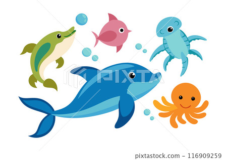 Cute ocean animals illustration featuring dolphin, fish, octopus, crab, and whale characters 116909259