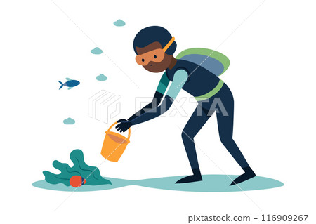 Illustration of a diver cleaning ocean pollution using a bucket with marine life and trash around Illustration of a diver cleaning ocean pollution using a bucket with marine life and trash around 116909267