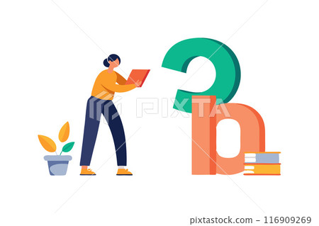 Illustration of a person with a book solving a concept puzzle Illustration of a person with a book solving a concept puzzle 116909269