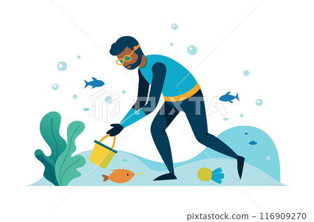 Man snorkeling underwater feeding fish in marine illustration Man snorkeling underwater feeding fish in marine illustration 116909270