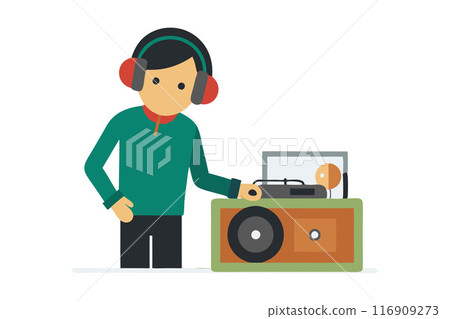 Illustration of person listening to music with headphones and vinyl record player 116909273