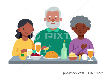 Family enjoying a meal together. Grandparents and grandchild having dinner at home 116909274
