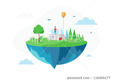 Surreal floating island with a man standing on a house and a hot air balloon in the sky 116909277