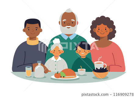 Multigenerational family enjoying a meal together at the dining table 116909278