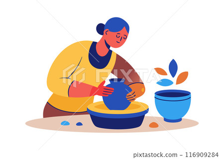 Illustration of person creating pottery on a wheel with colorful ceramic pieces Illustration of person creating pottery on a wheel with colorful ceramic pieces 116909284