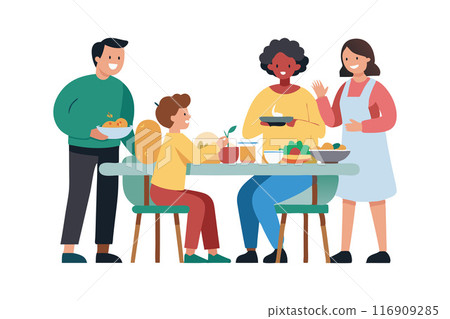 Family enjoying a meal together at home in a warm and cheerful atmosphere Family enjoying a meal together at home in a warm and cheerful atmosphere 116909285