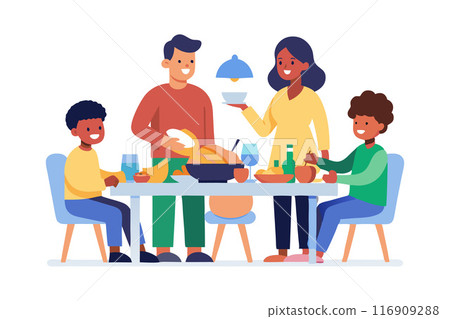 Happy family enjoying a meal together at the dining table, sharing food and laughter 116909288