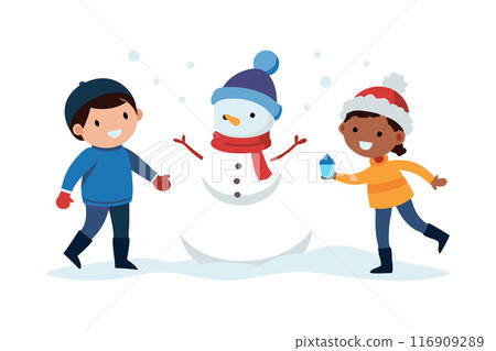 Children building a snowman in winter, enjoying a playful and joyous snowfall 116909289