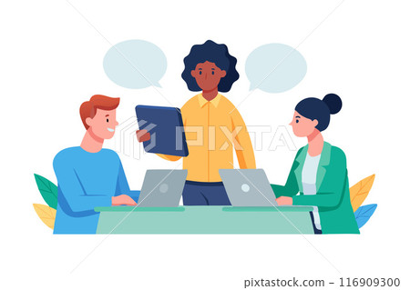 Team collaboration in a business meeting with laptops and tablet Team collaboration in a business meeting with laptops and tablet 116909300