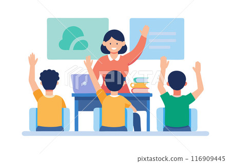 Illustration of a teacher with students raising hands in classroom setting 116909445