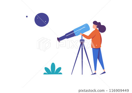 Cartoon illustration of a person using a telescope to observe the night sky 116909449