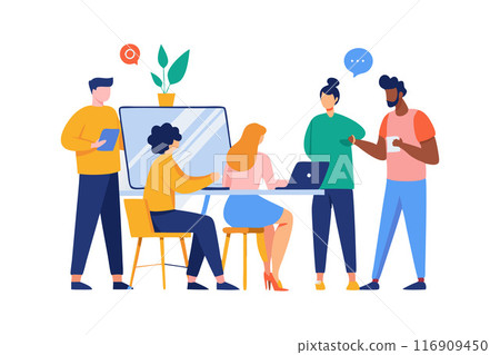 Team collaboration in a modern office setting with diverse group of colleagues 116909450