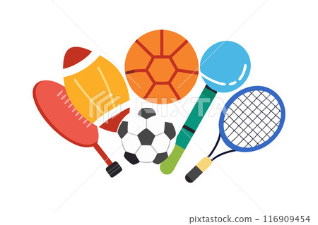 Illustration of various sports equipment including football, basketball, soccer ball, and tennis racket Illustration of various sports equipment including football, basketball, soccer ball, and tennis racket 116909454