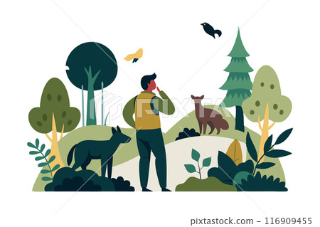 Illustration of a man exploring nature with wildlife in a forest setting 116909455