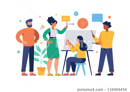 Team brainstorming session with whiteboard, presenting ideas and planning strategies 116909456