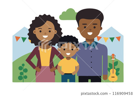 Happy family portrait in a colorful outdoor setting with smiling faces Happy family portrait in a colorful outdoor setting with smiling faces 116909458
