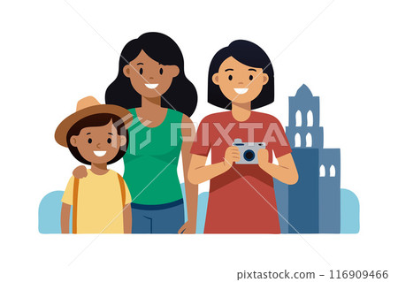 Happy family on vacation with mother, teenager, and child posing for a picture outdoors 116909466