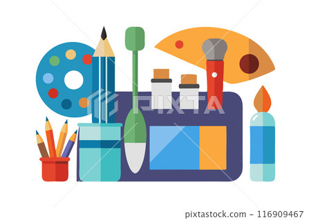 Colorful illustration of art supplies including pencils, brushes, and paint palette Colorful illustration of art supplies including pencils, brushes, and paint palette 116909467