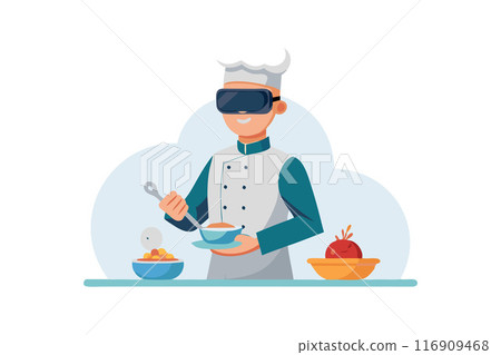 Chef wearing virtual reality headset preparing food with modern technology concept illustration Chef wearing virtual reality headset preparing food with modern technology concept illustration 116909468