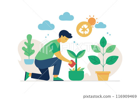 Sustainable gardening concept with man taking care of plants and promoting recycling Sustainable gardening concept with man taking care of plants and promoting recycling 116909469