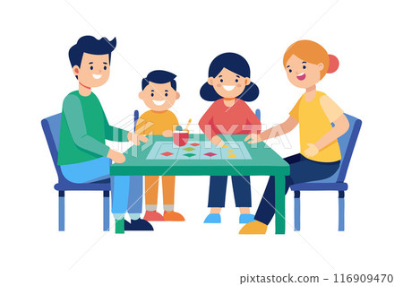 Happy family playing a board game at home, enjoying quality time together Happy family playing a board game at home, enjoying quality time together 116909470