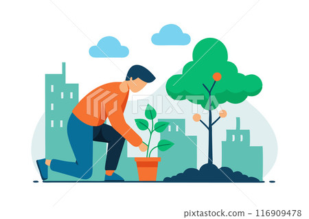 Person planting a tree in a pot with urban background and clouds in the sky 116909478