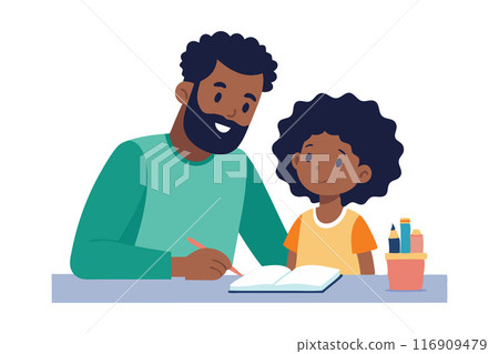 Father and daughter spending quality time together while drawing and writing at home Father and daughter spending quality time together while drawing and writing at home 116909479