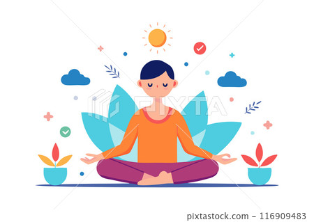 Illustration of person meditating with nature elements for mindfulness and relaxation Illustration of person meditating with nature elements for mindfulness and relaxation 116909483