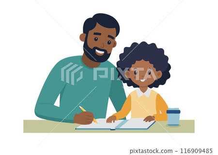 Father helping daughter with homework at home, family bonding time Father helping daughter with homework at home, family bonding time 116909485