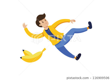 Illustration of a man slipping on a banana peel in a humorous fall accident Illustration of a man slipping on a banana peel in a humorous fall accident 116909506