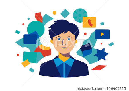 Flat design illustration of a man's face surrounded by colorful geometric shapes 116909525