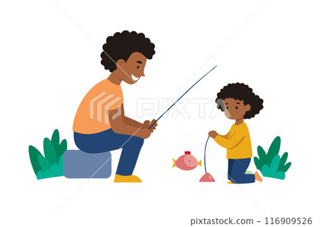 Father and child enjoying a fishing trip with cartoon fish in hand 116909526