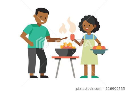 Happy cartoon couple grilling vegetables and meat together outdoor 116909535