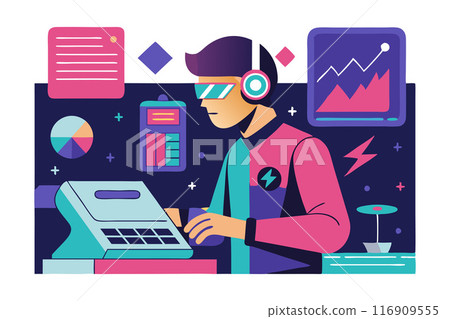 Illustration of young developer working on a computer with data visualization and graphs Illustration of young developer working on a computer with data visualization and graphs 116909555