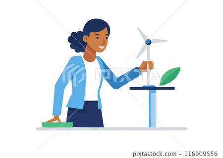 Businesswoman with wind turbine model promoting renewable energy and sustainability Businesswoman with wind turbine model promoting renewable energy and sustainability 116909556