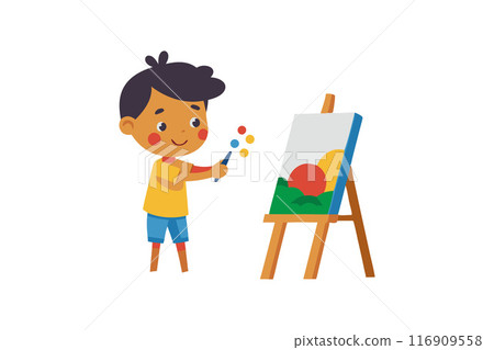 Cheerful child painting on canvas with easel, exploring creativity and art 116909558