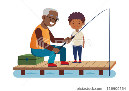 Grandfather and grandson fishing together on a wooden dock Grandfather and grandson fishing together on a wooden dock 116909564