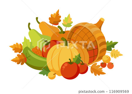 Colorful fall harvest illustration with cornucopia and seasonal fruits and vegetables 116909569