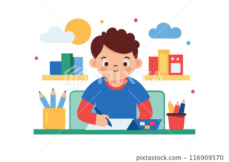 Child drawing at a desk surrounded by colorful books and pencils in a creative environment 116909570