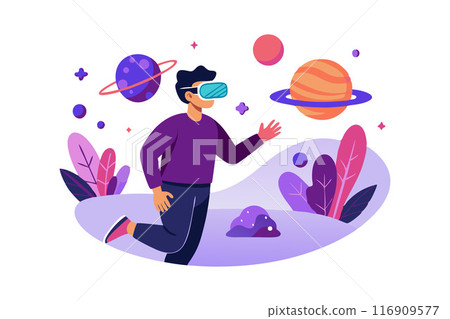 Man using virtual reality headset exploring outer space in a vibrant digital landscape Man using virtual reality headset exploring outer space in a vibrant digital landscape 116909577