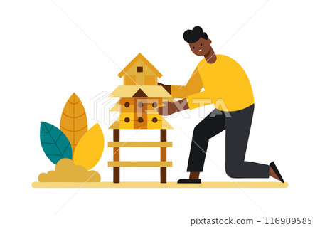 Illustration of a person tending to a birdhouse surrounded by plants with autumn colors 116909585