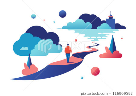 Person on a winding path to a lighthouse through a surreal and whimsical landscape 116909592