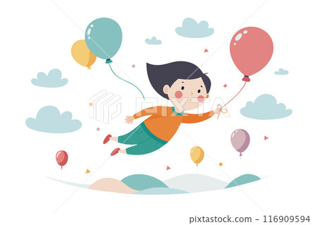 Joyful child flying with balloons in whimsical sky illustration Joyful child flying with balloons in whimsical sky illustration 116909594