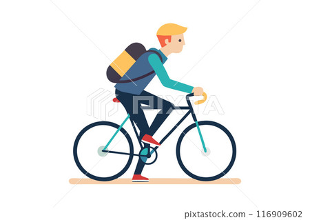 Illustration of a young man riding a bicycle with a backpack on a white background 116909602