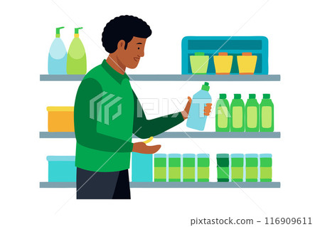 Person shopping in store choosing household cleaning product from shelves in store 116909611